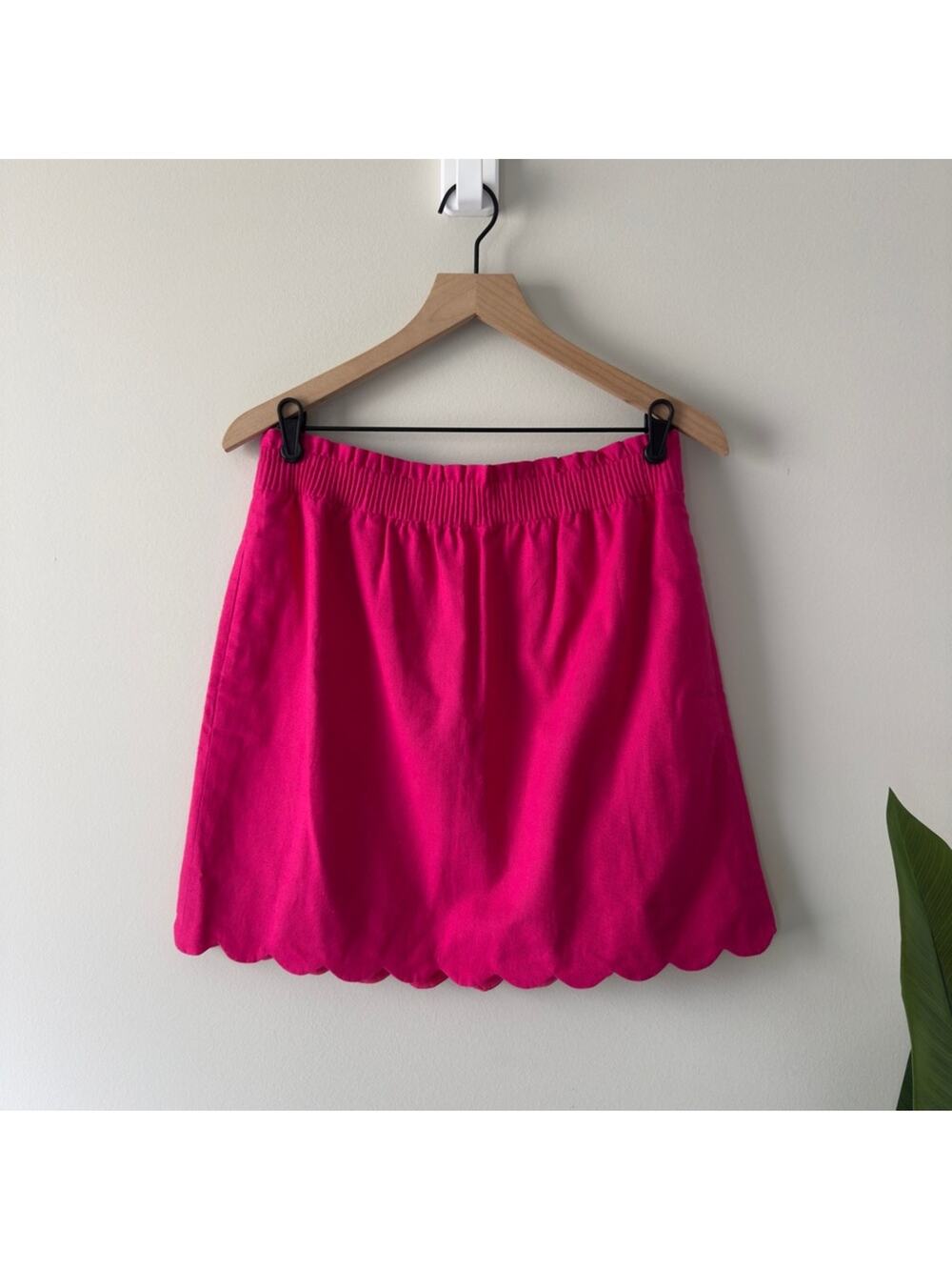 J. Crew Linen/Cotton Pink Bubble Mini Skirt scalloped hem stretchy elastic waist